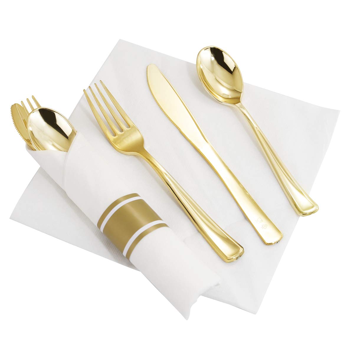 Supernal 60 Pack Pre Rolled Napkins with Gold Plastic Silverware, Premium Disposable Gold Wrapped Cutlery Set Includes: 60 Forks 60 Knives 60 Spoons 60 Napkin for Party