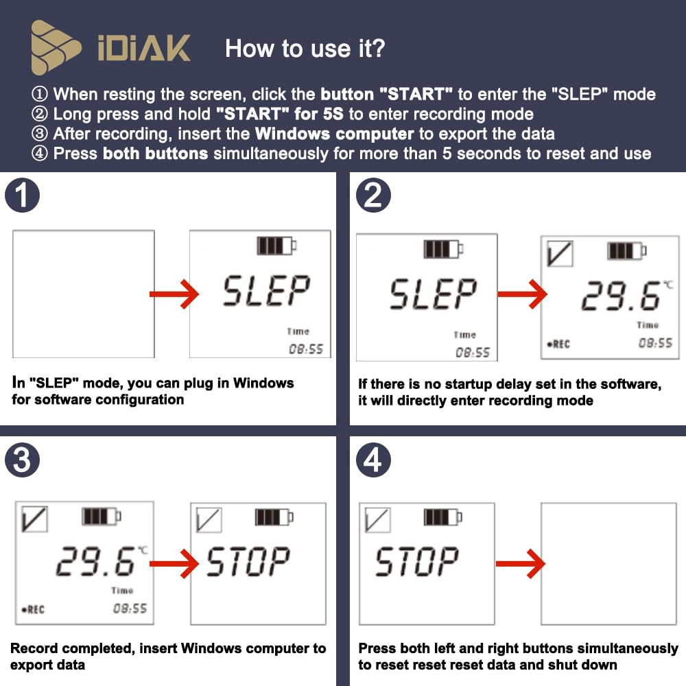iDiAK M502 Temperature Data Logger USB Temp/Humidity Recorder with PDF and Excel (Reusable) Refrigerator Thermometer 14400 Points High Accuracy (no delay - 5 Pack)