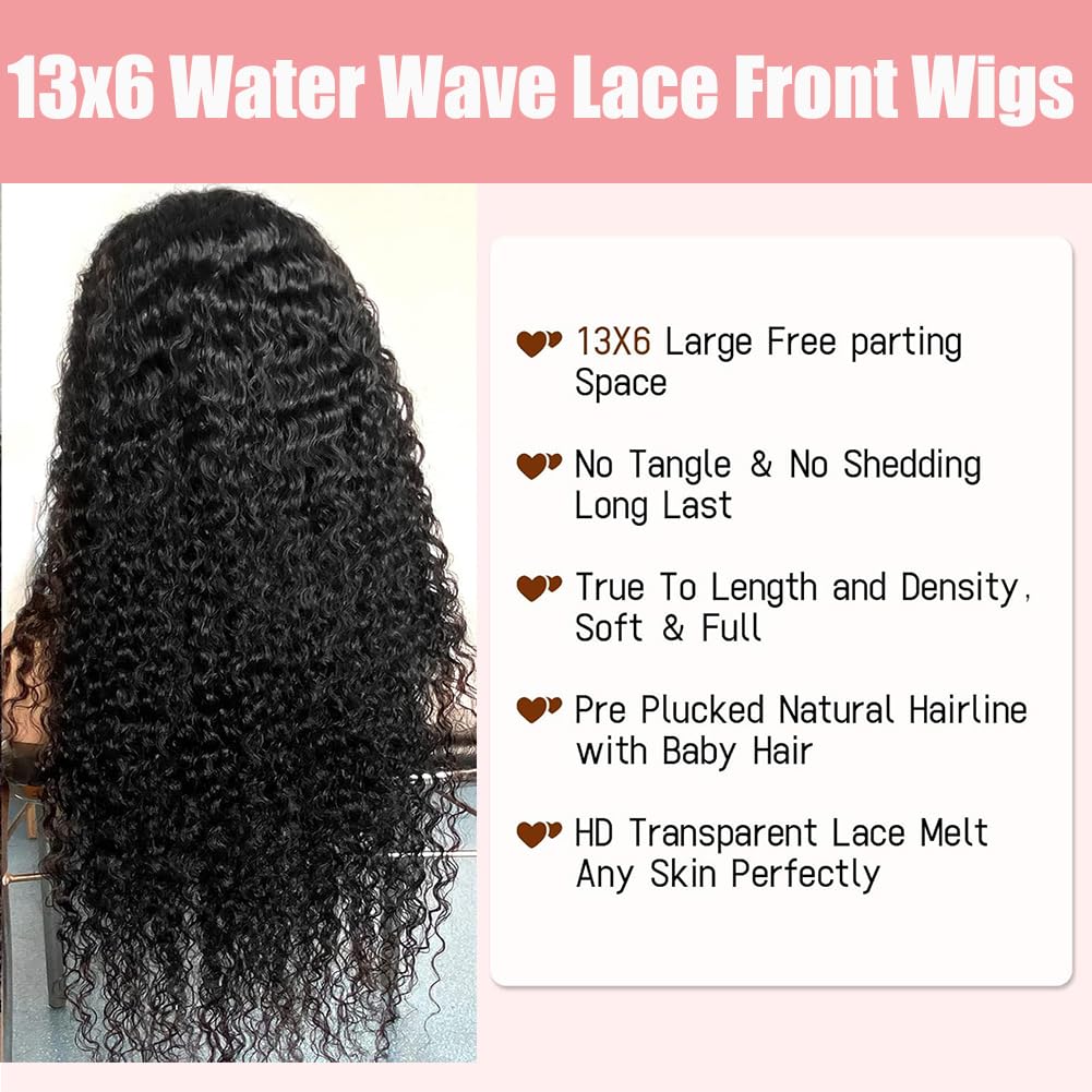 LYILYI 200 density 13x6 Water Wave Lace Front Wigs Human Hair Pre Plucked Glueless Wigs Human Hair Deep Cury HD Transparent 13x6 Full Lace Frontal Wigs Brazilian Virgin Hair Wigs Natural Black 28inch