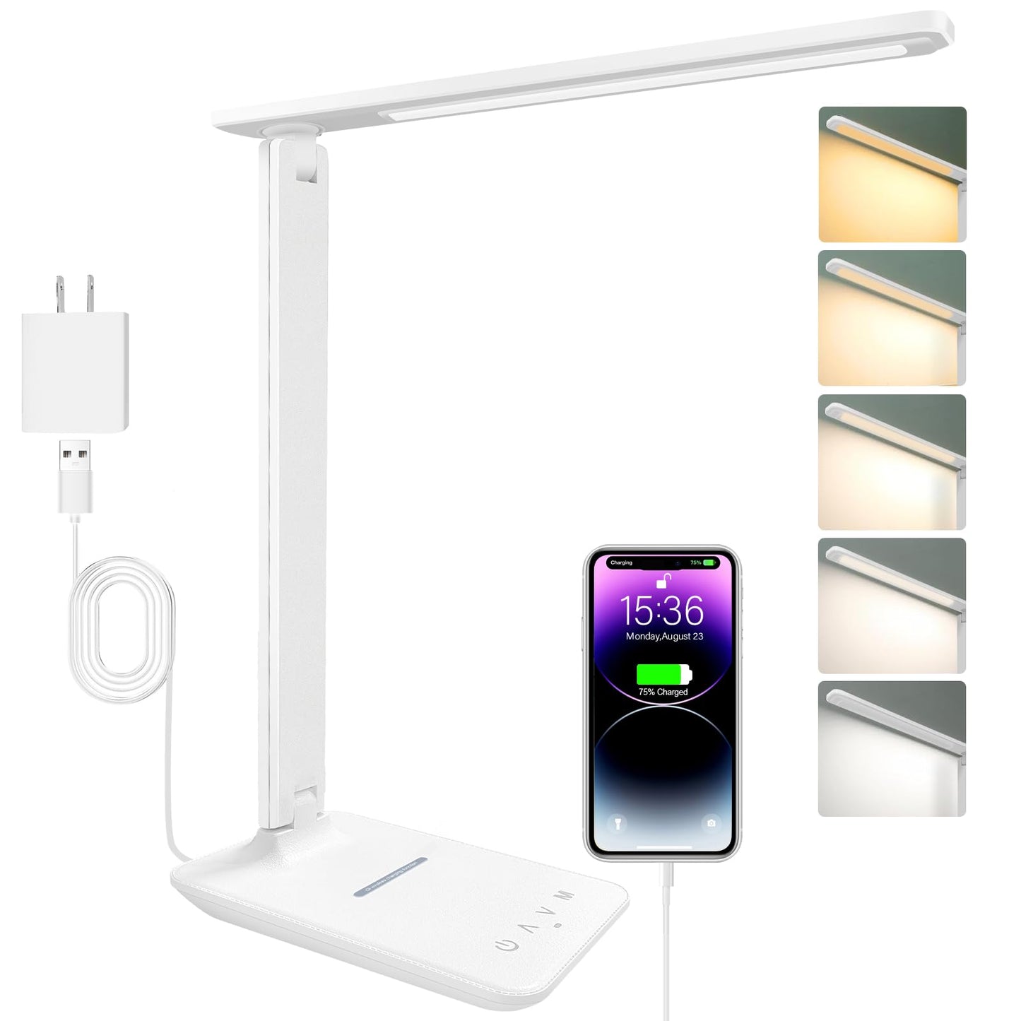 White crown LED Desk Lamp with 15W Wireless Charger & USB Port, Dimmable Table Lamp with 5 Lighting Modes, Sensitive Touch Control, Foldable & Portable Desk Light for Home, Office, Bedroom, Reading