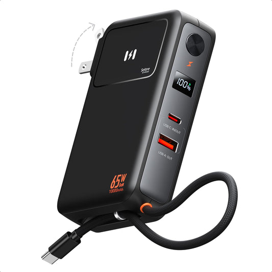 3-in-1 Portable iPhone Charger with 65W AC Wall Plug, 10,000mAh Power Bank with 35W Built-in USB-C Cable, LED Display Battery Pack Fast Charging Compatible with iPhone, iPad, MacBook, Laptop