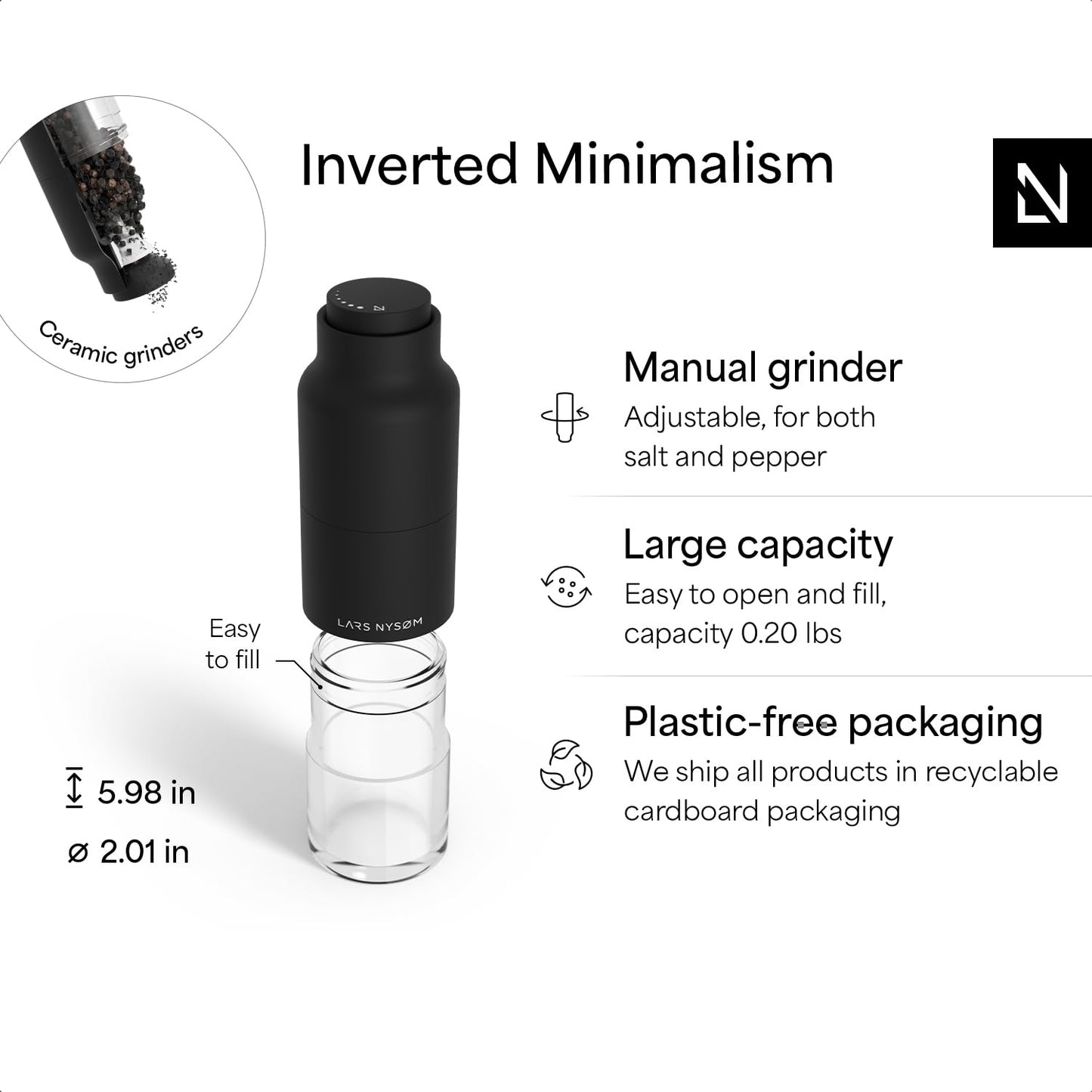 LARS NYSØM Salt and Pepper Grinder Set Stainless Steel with Adjustable Grinder I Bottle Design Spice Mills Set Manual (Carbon Black)
