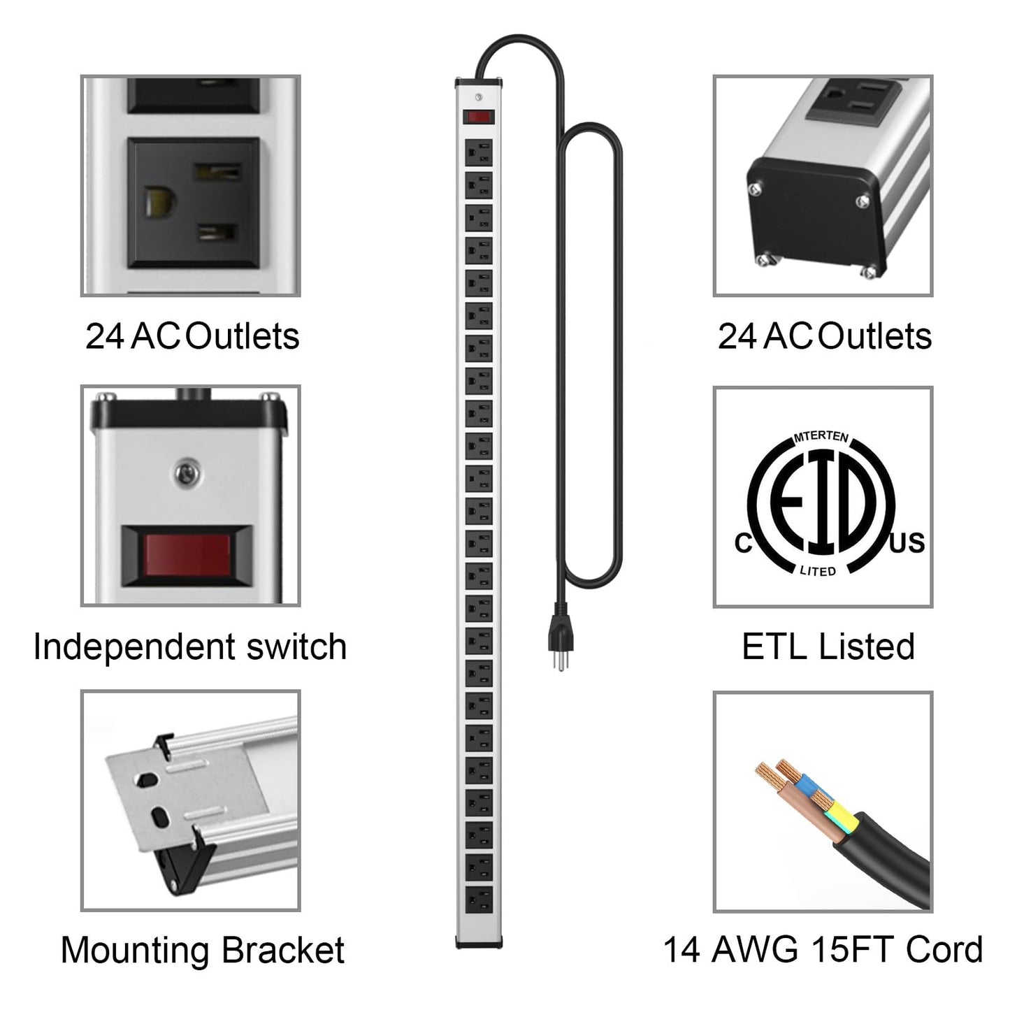 24 Outlets Extra Long Power Strip,Heavy Duty Metal Socket Power Strip,Metal Power Strip with 15-Foot Extension Power Cord,ETL Certified