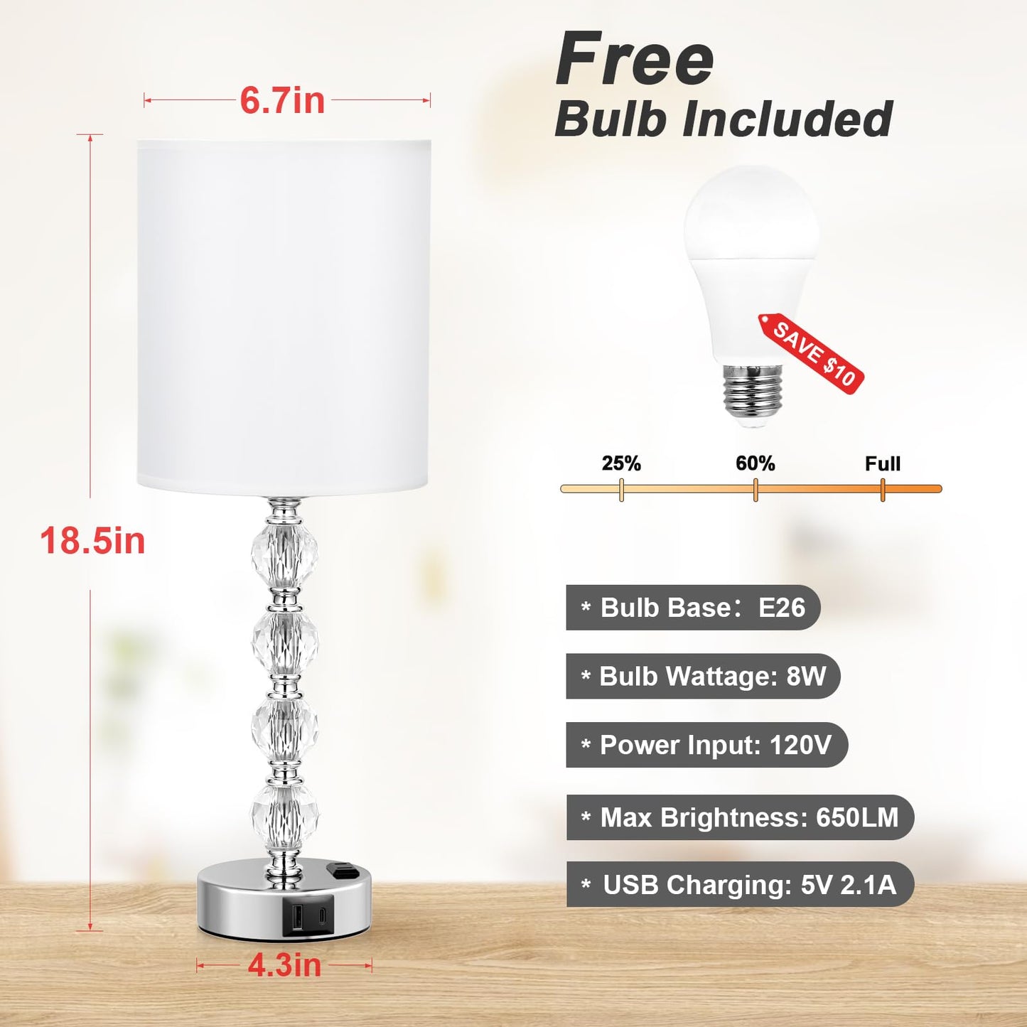 Acaxin Touch Bedside Crystal Lamps for Bedrooms Nightstand with USB C+A Charging Port and AC Outlet White, 3 Way Dimmable Silver Large End Side Table Lamp for Living/Guest/Dinning Room/Kitchen
