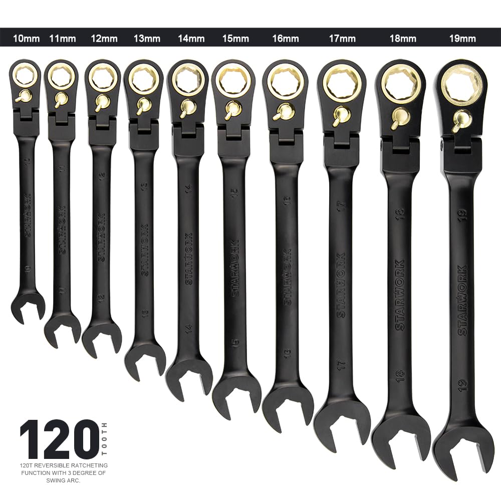 STARWORK TRUE MECHANIC™ 20-Piece, 120T, Reversible, Flexible Ratcheting Wrench Set, Non-Slip, Long Pattern, SAE/Metric, Professional, With Portable Roll-Up Pouch Bag