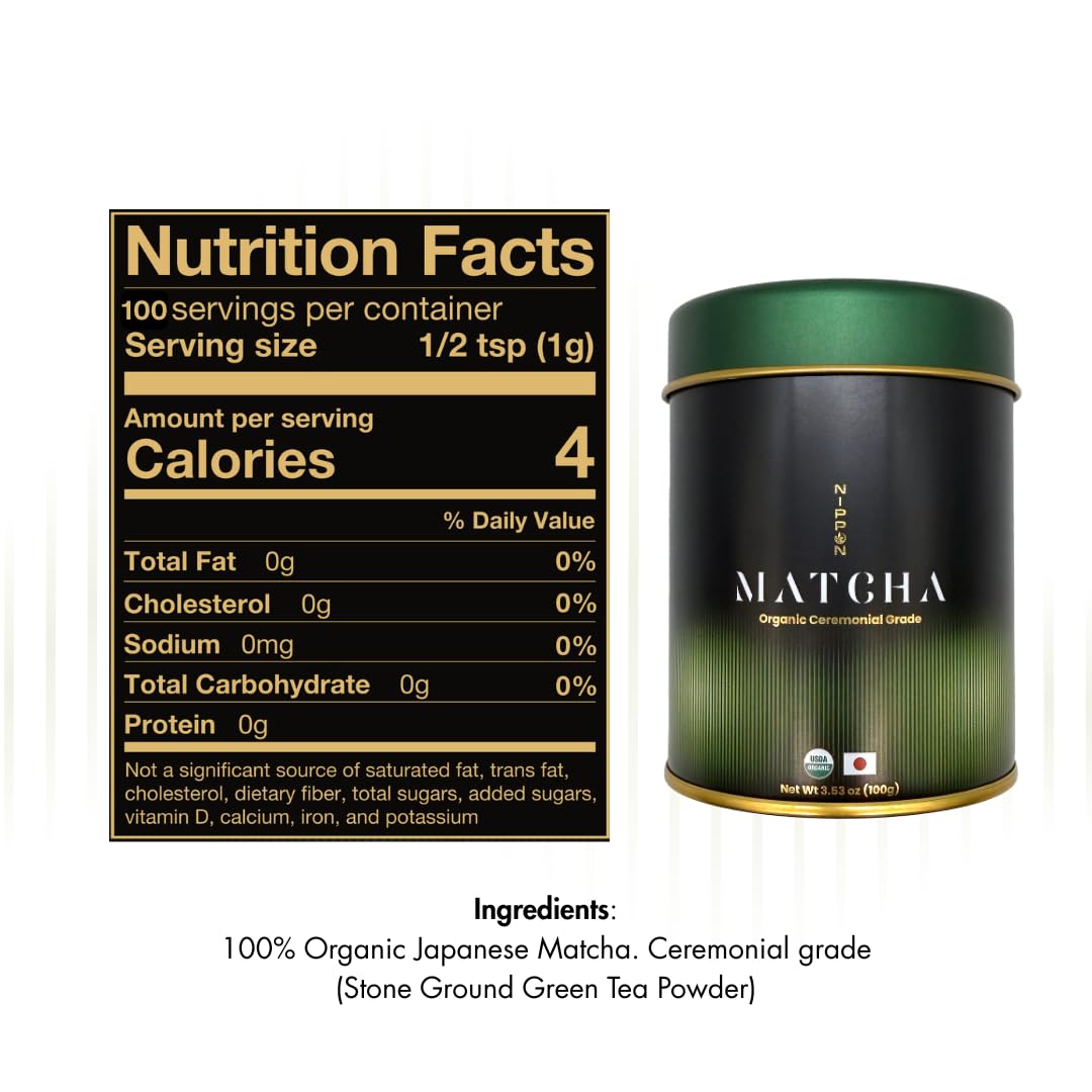Nippon Matcha – Organic Ceremonial Grade Japanese Matcha Green Tea Powder – First Harvest from Uji, Kyoto – USDA Certified, Stone-Ground, Smooth & Vibrant (100g/3.53oz)