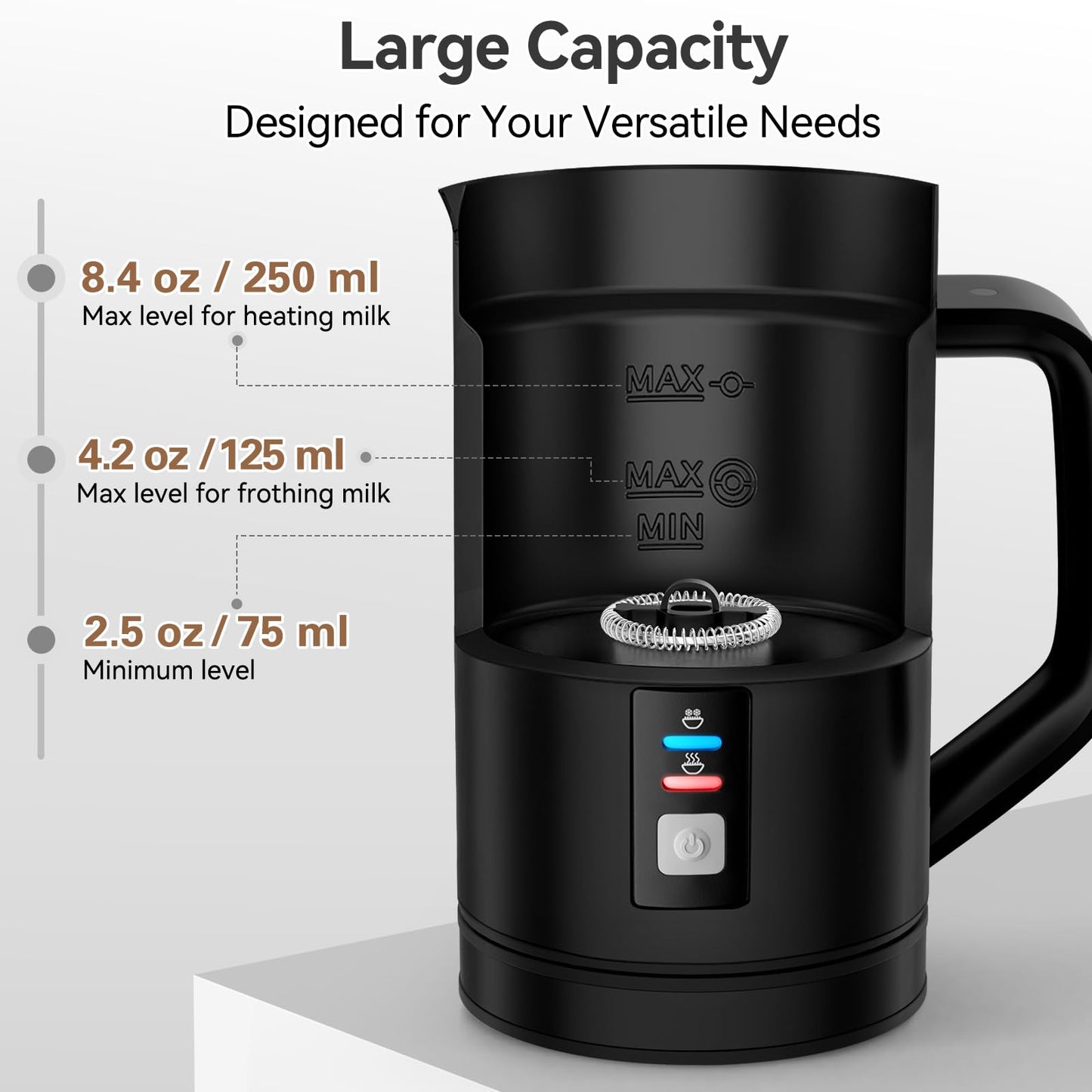 Secura 𝗠𝗶𝗹𝗸 𝗙𝗿𝗼𝘁𝗵𝗲𝗿, Electric Milk Steamer Stainless Steel, 8.4oz/250ml Automatic Hot and Cold Foam Maker and Milk Warmer for Latte, Macchiato (Black)