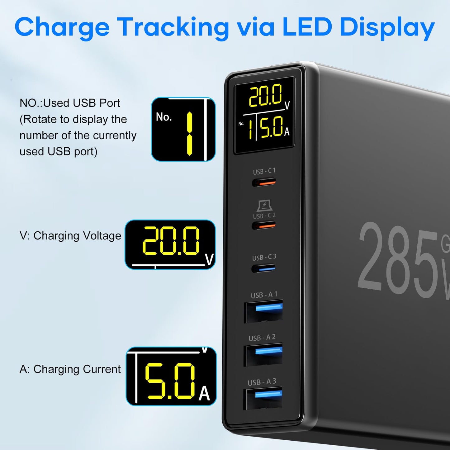 285W USB C Charger Block, YSYFAD 6 Ports Multiple USB Charging Station with Digital LCD Dispaly GaN Fast 100W USB C Charger for MacBook Laptops Multiport USB Charger for i Pad i Phone Samsung, Black