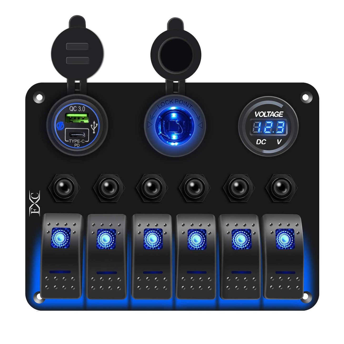 FXC Waterproof Marine Boat Blue Rocker Switch Panel 6 Gang with USB & Type-C Charger Slot Socket + Cigarette Lighter +LED Voltmeter with Overload Protection Circuit Breaker for Car Rv Vehicles Truck