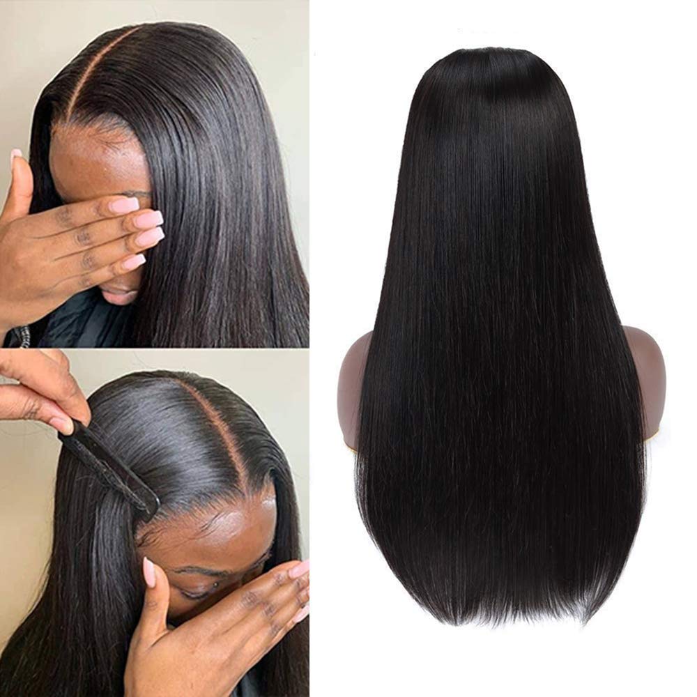Nvnvdij U Part Wigs Straight Brazilian Virgin Human Hair 2''x 4'' U Shape Glueless Wigs 180% Density Natural Black With Straps Combs For Black Women (22 Inch, Straight)