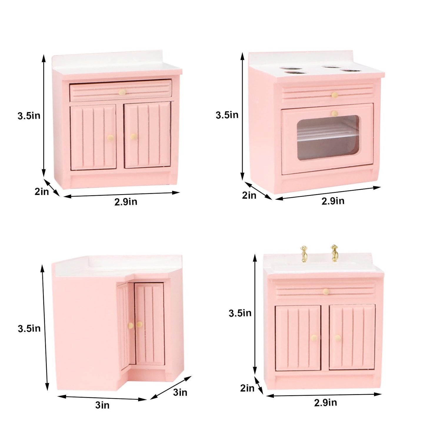 Miniature Furniture Dollhouse Kitchen Cabinets Set 1:12 Scale Wooden Model Freely Combined 4PCS Mini House Accessories Furnishings Kit Decoration Gift (Pink)