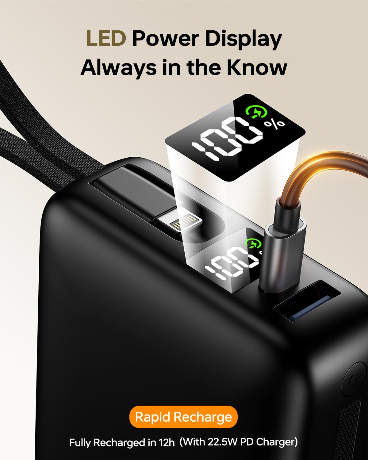 IGGPBB Portable Charger 50000mAh Power Bank,Portable Phone Charger with 2 Built in Cables,22.5W Fast Charging Travel Essentials Battery Pack for iPhone/iPad/MacBook/Android/Samsung Galaxy,Carbon Black