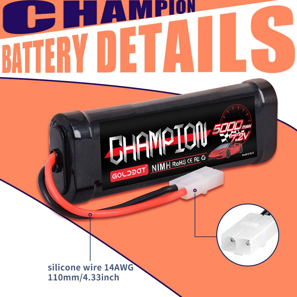 GOLDBAT 5000mAh 7.2V NiMH Battery with Tamiya Connector for RC Car RC Truck LOSI Associated HPI Kyosho Tamiya Hobby (2 Pack)