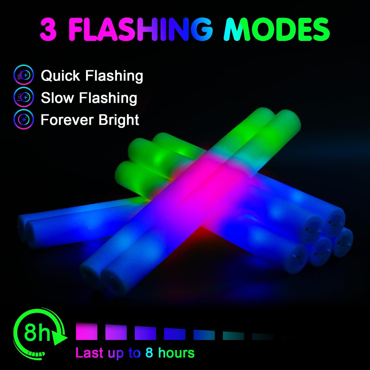 wellent 55 PCS Foam Glow Sticks, Foam Light Up Sticks Party Supplies with 3 Mode Colorful Flashing, Glow Sticks Bulk Party Pack, Led Foam Sticks for Birthday, Wedding, Halloween, Carnival, Concert