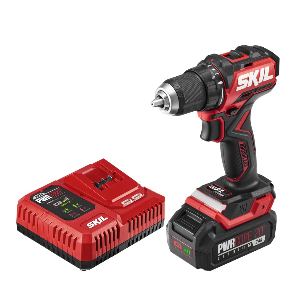 Skil PWR CORE 20 Brushless 20V 1/2" Compact Variable-Speed Drill Driver Kit with 1/2'' Single-Sleeve, Keyless Ratcheting Chuck & LED Worklight Including 2.0Ah Battery and PWR Jump Charger-DL6293B-10
