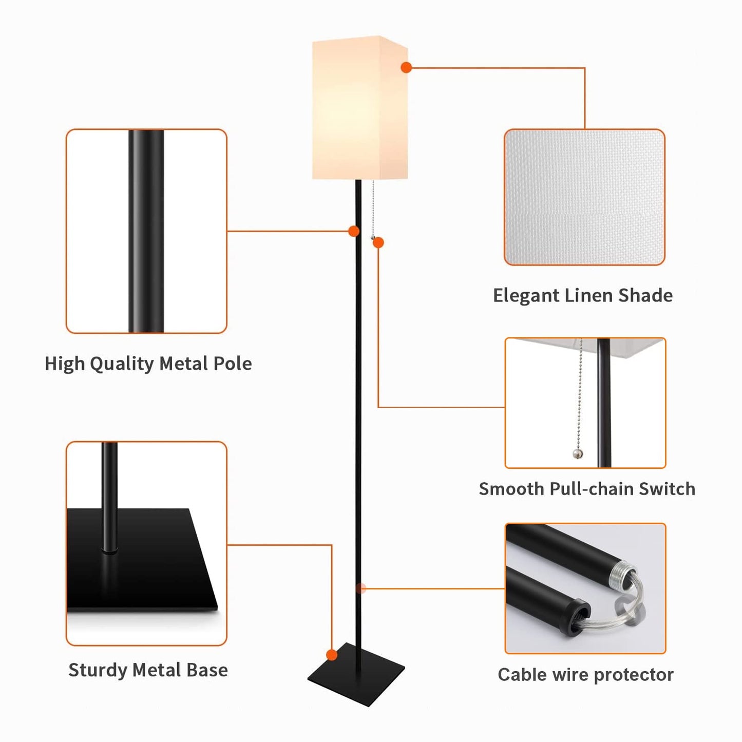 FIGDIFOR Modern Floor Lamp for Living Room, Tall Black Floor Lamp with Square Linen Shade, Pull Chain Switch and Stable Metal Base, Standing Lamp for Bedroom, Reading Nook and Office, Bulb Included
