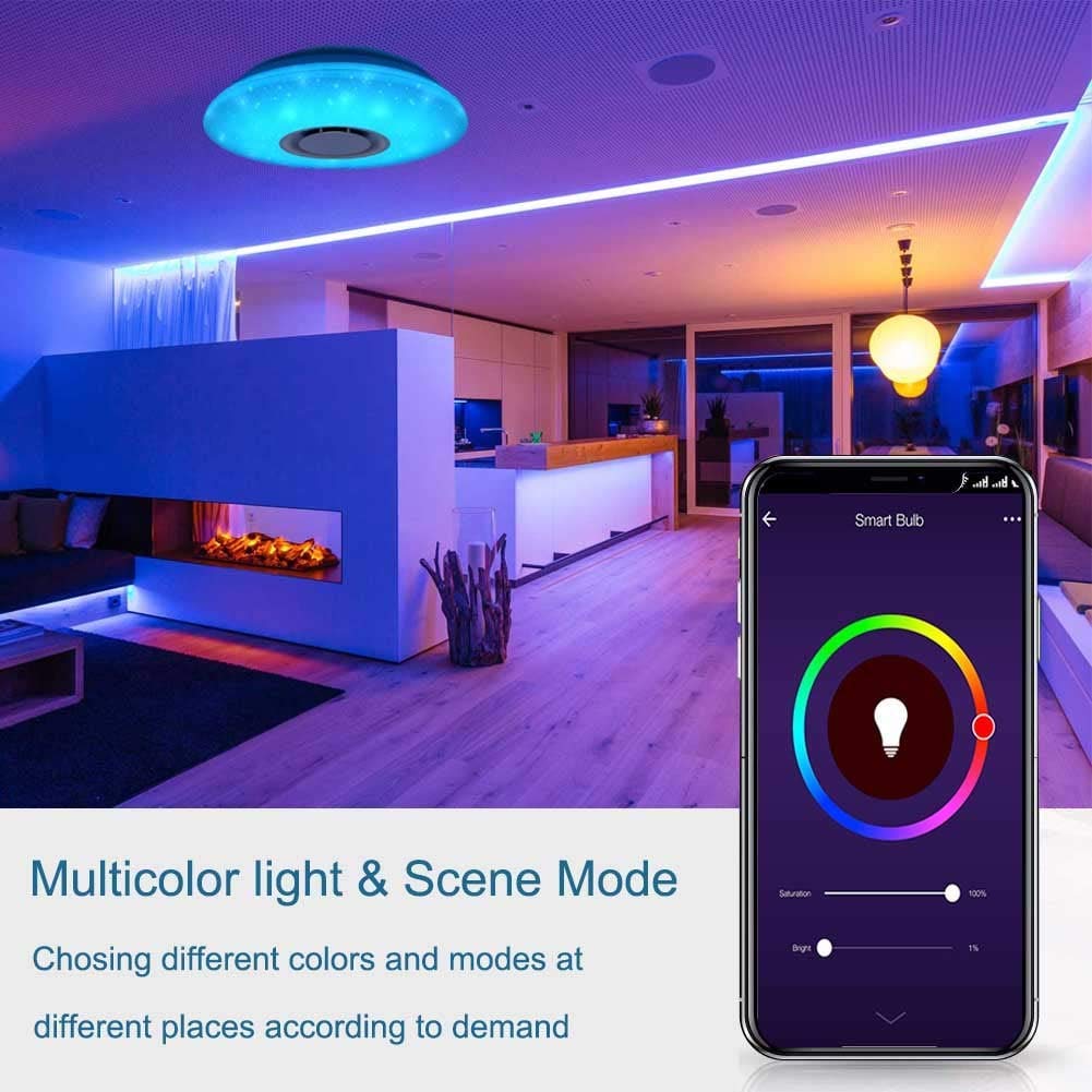 Upgrade WiFi Music Ceiling Light with Bluetooth Speaker and Remote Control, 15 inch Dimmable Ceiling lamp Compatible with Alexa and Google Home 36W RGB Family Party Lights for Bedroom Living Room