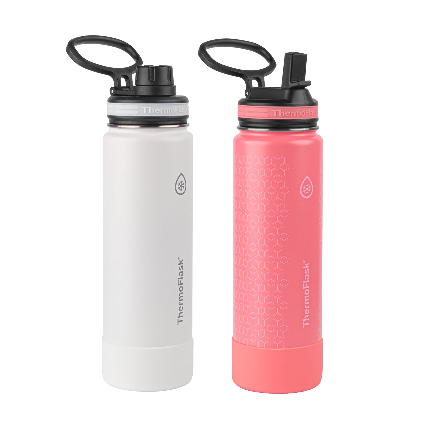 ThermoFlask Stainless Steel Water Bottles 2-Pack - Double-Wall Vacuum Insulated 24 oz BPA-Free Spout Lids - Keeps Drinks Cold 24 Hrs, Hot 12 Hrs - Leakproof, Dishwasher Safe, White/Coral