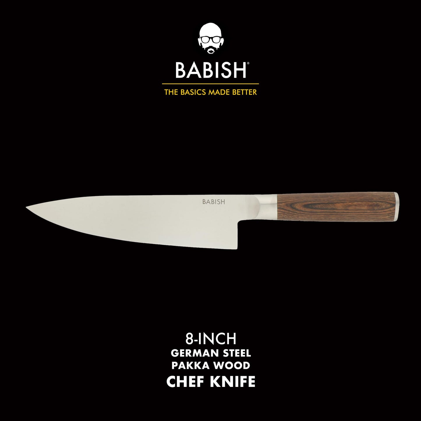 Babish 8-Inch Chef Knife – High-Carbon 1.4116 German Steel Kitchen Knife with Dark Pakka Wood Handle, Full-Tang Razor Sharp Chef’s Blade for Chopping, Slicing, Dicing & Everyday Prep