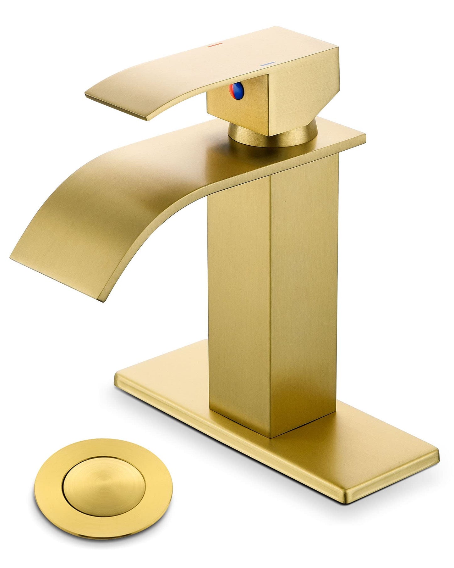 YardMonet Gold Bathroom Faucet, Modern Single Hole Waterfall Spout Sink Faucet, Brushed Gold With Drain Assembly and Hose