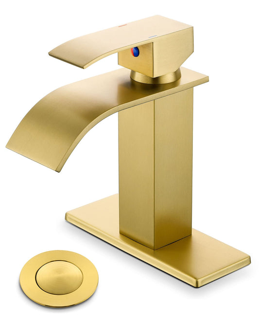 YardMonet Gold Bathroom Faucet, Modern Single Hole Waterfall Spout Sink Faucet, Brushed Gold With Drain Assembly and Hose