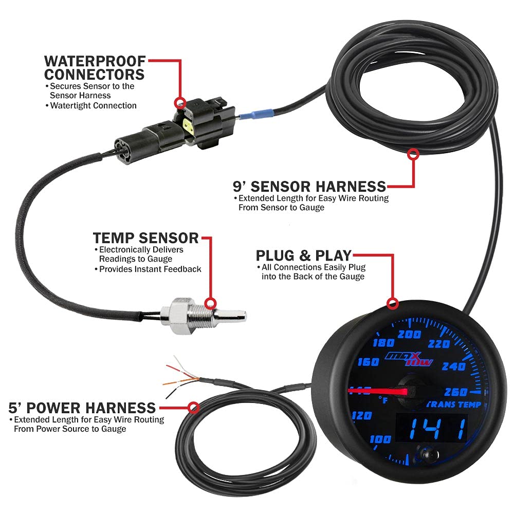 MaxTow Double Vision 260 F Transmission Temperature Gauge Kit - Includes Electronic Sensor - Black Gauge Face - Blue LED Illuminated Dial - Analog & Digital Readouts - for Trucks - 2-1/16" 52mm