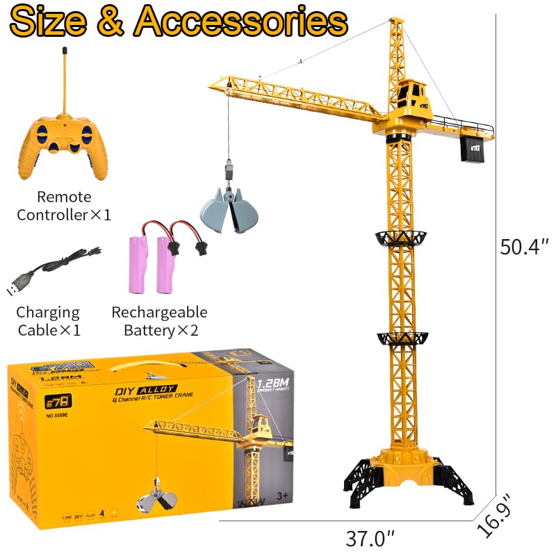 DIY Alloy 4 Channel RC Tower Crane for Kids - 50.4 Inches Remote Control Crane Toy with 2 Batteries, Rotating Lift Construction Vehicles with LED Lights, Excavator Toy for Ages 4,5,6,7,8 Boys & Girls