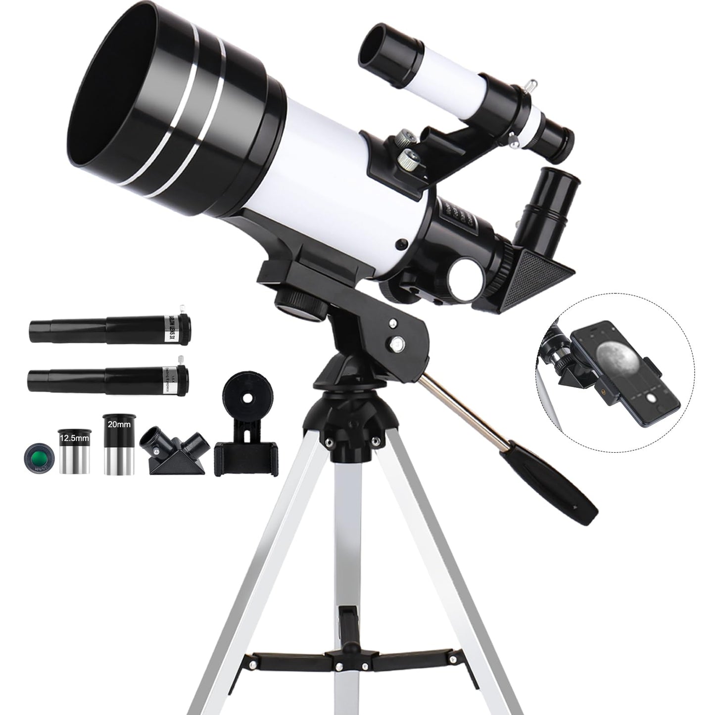 Telescope for Adults & Kids, 70mm Aperture 300mm Refractor Telescope, Portable Travel Refractor Telescopes for Astronomy Beginners with Tripod, Phone Adapter