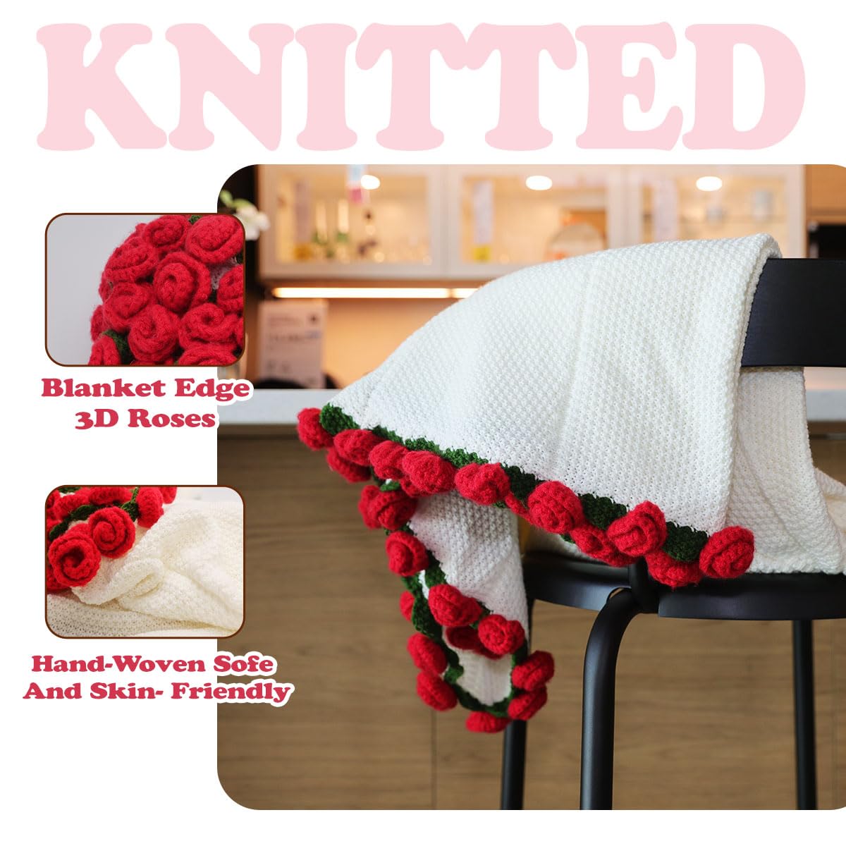 Duryeo Crochet Rose Flower Bouquet Blanket with Red Rose, Handmade Knitted Throw Blanket, Christmas, Valentine’s Day, Anniversary, Birthday Gifts for Wife, Girlfriend, Fiancée, Lover, 60Inch
