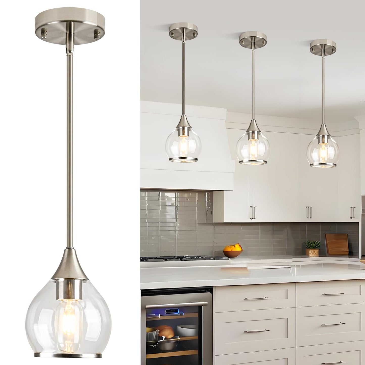 Zoaklighen 1-Piece Brushed Nickel Island Light for Kitchen, 1-Light Brushed Nickel Hanging Pendant Light with Clear Round Glass Shade for Dining Room,Bedroom