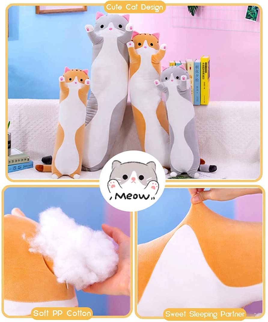 Cute Cat Plush Long Body Pillow Cuddle Cartoon Stuffed Animals Cat Plushie Soft Doll Pillows Gifts for Kids Girls (Orange, 51")