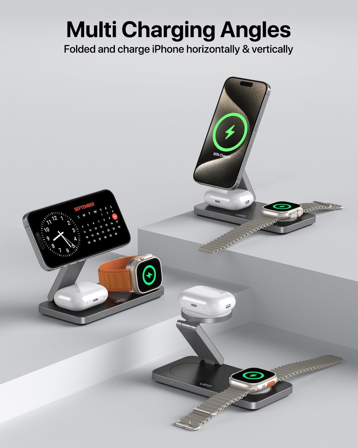 UEQ Foldable 3 in 1 Wireless Charging Station for Apple Compatible with Magsafe Charger Stand,Magnetic Wireless Charger Station for iPhone 16 15 14 13 12 Series,Airpods Pro,Apple Watch(Black)