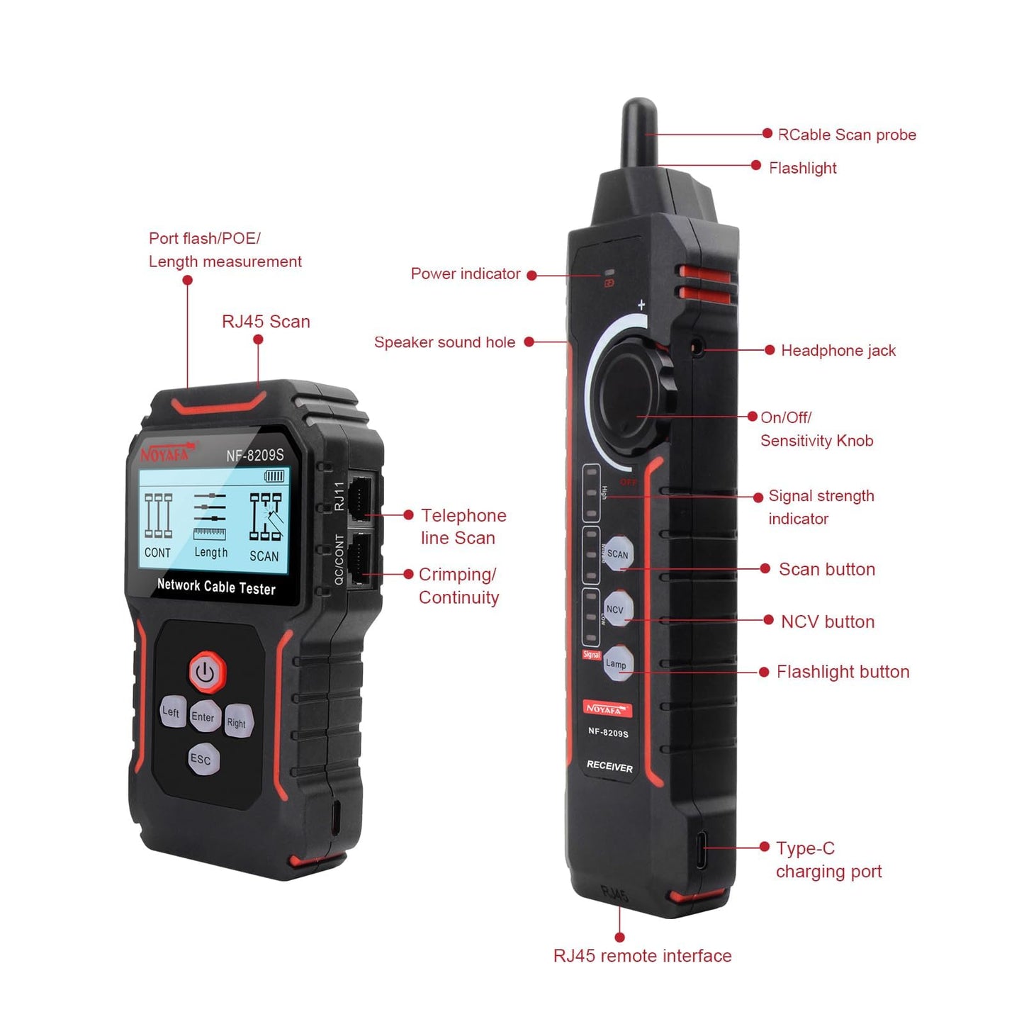 NOYAFA NF-8209S Network Cable Tester, Ethernet Cable Tester with PoE,NCV,Cable Length Test,Port Flashing,Multi-Function Trouble-Free Line Scan Mode,CAT5,CAT6 Line Tracer,LAN Network Cable Tracer Kits