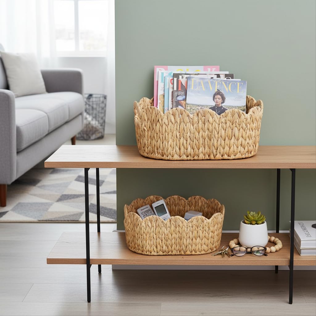 Coeusy Scalloped Basket,Water Hyacinth Basket for Organizing and Decor,Hand-Woven Rattan Baskets with Built-In Handles for Living Room,Bedroom,Laundry,2 Pack