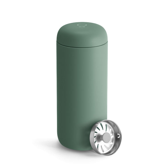 Fellow 16 oz Carter Move Travel Mug - Vacuum-Insulated Stainless Steel Travel Coffee Mug - Coffee Tumbler with Ceramic Interior and Splash Guard - Smoke Green