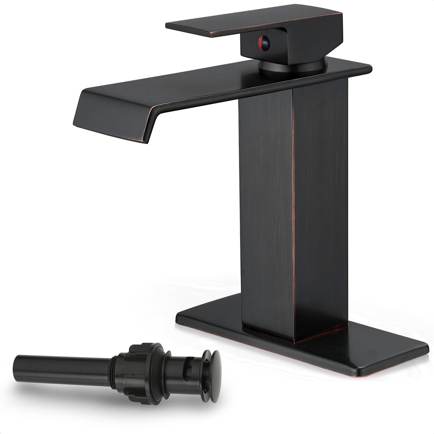 HOIGY Oil Rubbed Bronze Bathroom Faucet Waterfall Faucet, Brass Single Handle Bathroom Sink Faucet 1 Hole or 3 Holes, 4 Inch Bathroom Faucets with Deck Plate & Pop-Up Drain for Farmhouse Quick Install