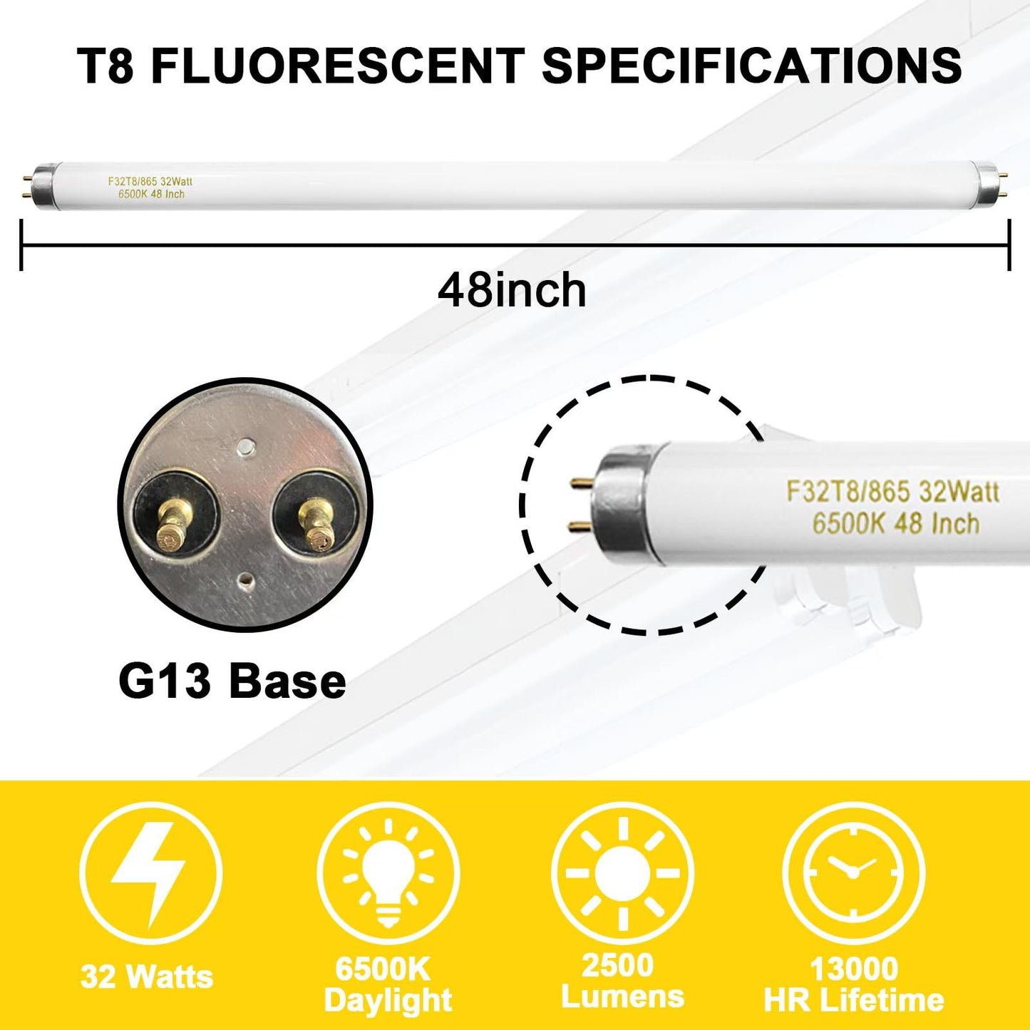Konideke 10 Pack, F32T8/865 Fluorescent Light Bulb 48 Inch Daylight 32 Watt, T8 Fluorescent Bulb 4 Foot, 2800 Lumens G13 Medium 6500K Bi-Pin Base