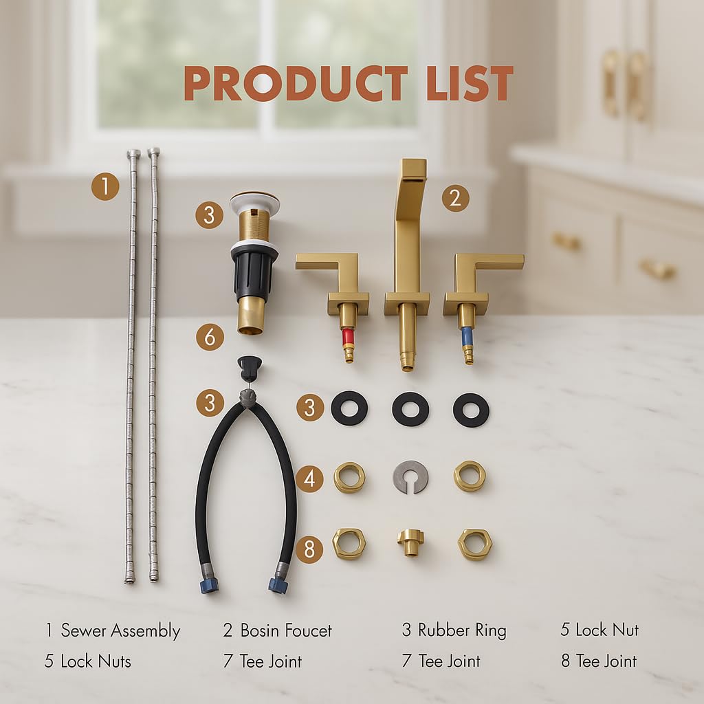 Indare Brushed Gold Bathroom Faucets， Vanity Faucets for Sink 3 Hole ，Two Handles Widespread 4 Inch 8 Inch Brass Bathroom Sink Faucet with Pop Up Drain and Cupc Lead-Free Hose