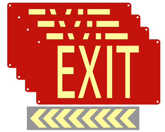 (4 Pack) Photoluminescent Exit Sign Aluminum - Adhesive Backing - Glow In The Dark Exit Sign - Removable Arrows Included - 14.25x7.5 Inches - Non Electrical Red Exit Light For 50 Feet Visibility