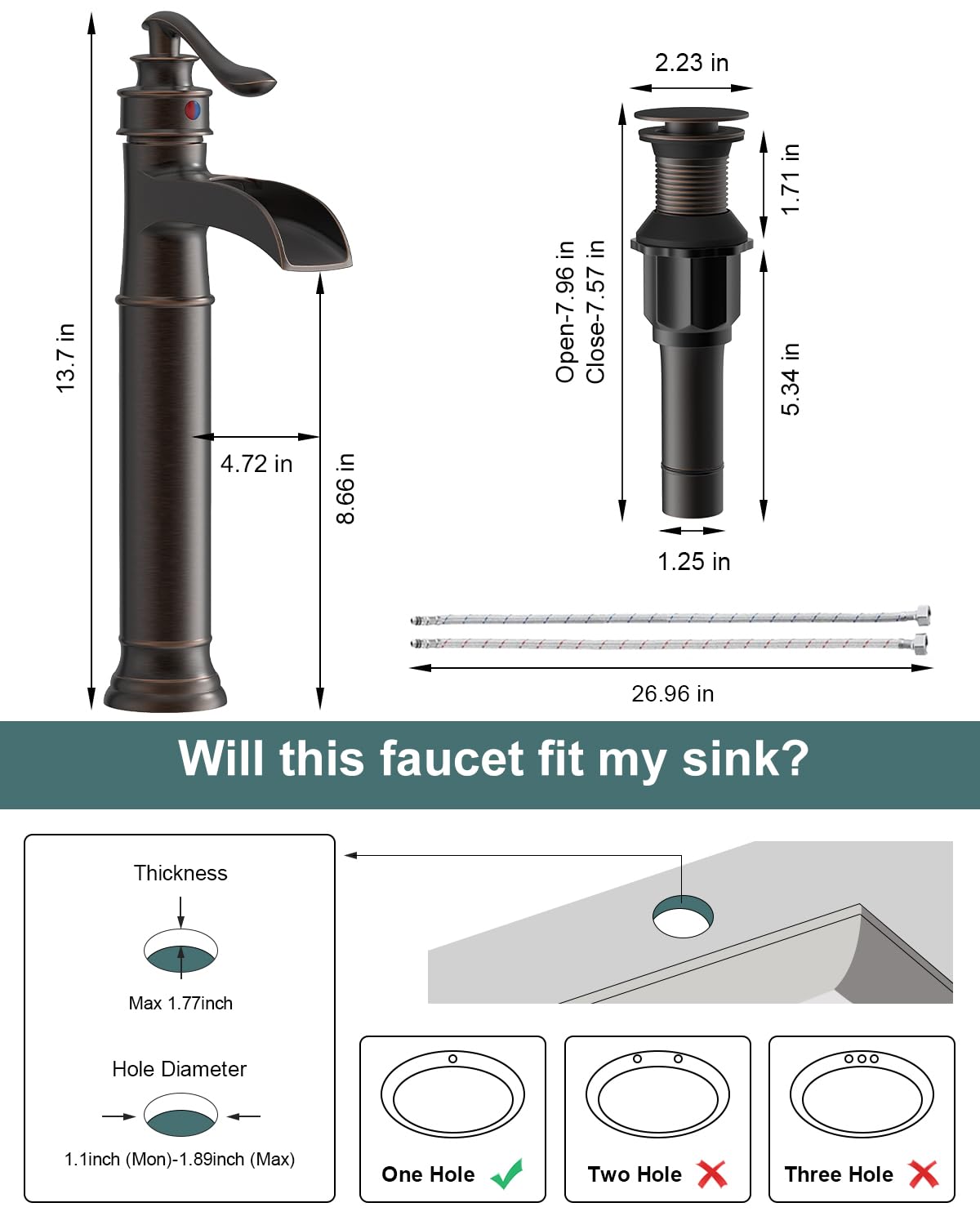 BWE Waterfall Spout Oil Rubbed Bronze Bathroom Faucet Single Handle One Hole Vessel Sink Faucet ORB Lavatory Faucets Deck Mount Tall Body Commercial