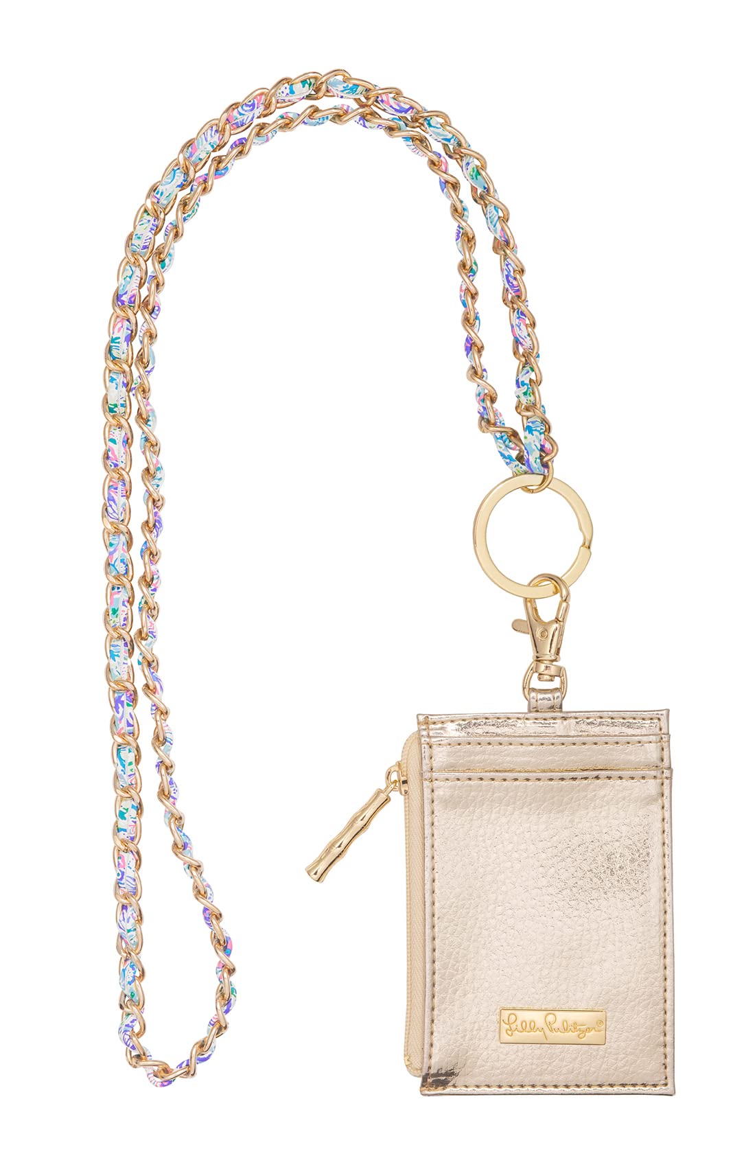 Lilly Pulitzer Lanyard with ID Holder, Keychain Wallet for School or Office, Gold Zipper Wallet, Badge Holder with Clear Window and Card Slots, Soleil It On Me
