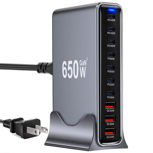 650W USB C Fast Charger Block, 10 Port USB Charging Station, GaN Ⅲ Pro Double 140W PD PPS Port Fast Charging Station,Laptop Wall Charger Compatible with DELL, HP, MacBook Pro,iPhone 17,Galaxy S24