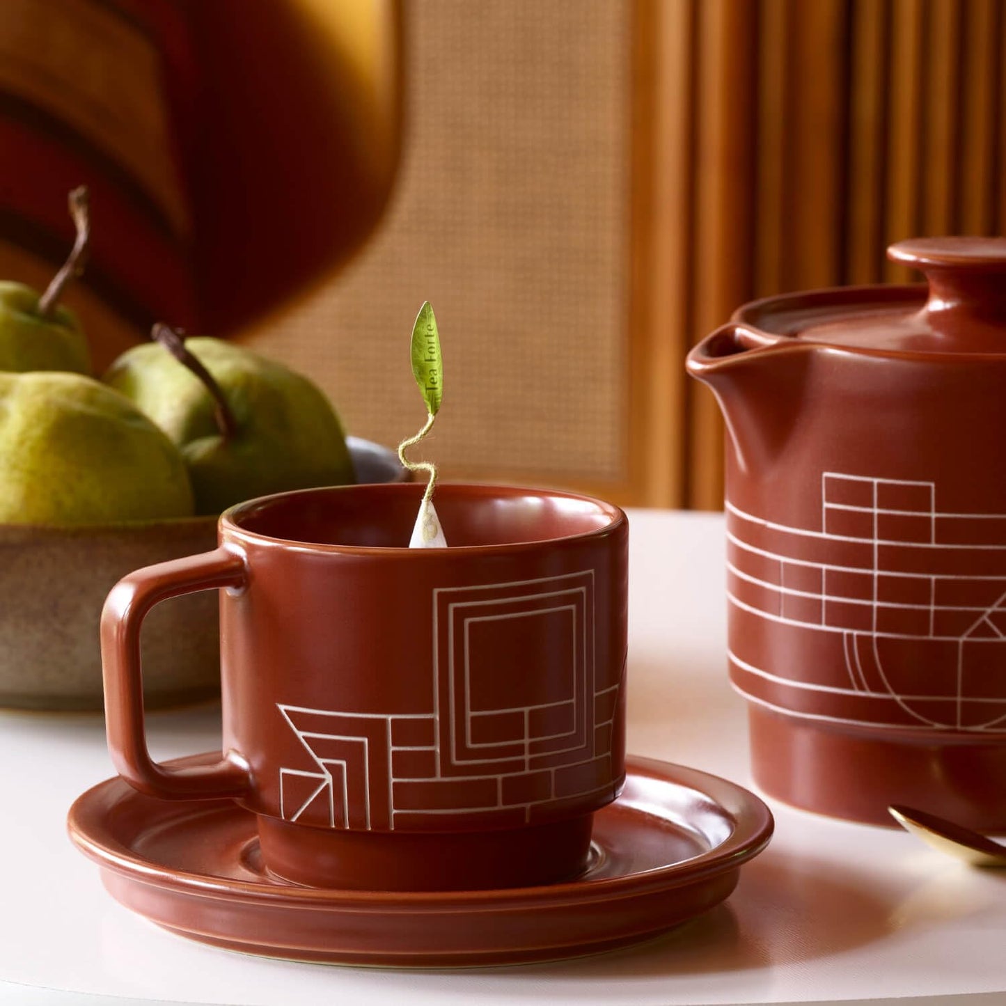 Tea Forte Terra Stoneware Teacup with Saucer, Frank Lloyd Wright, 8 oz. Stoneware Teacup for Steeping Pyramid Infusers, Dishwasher & Microwave Safe