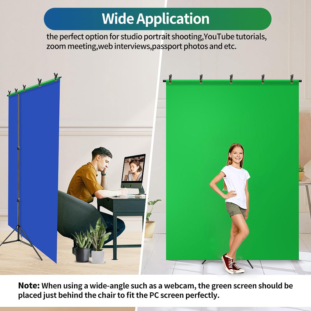 Blue Green Screen Backdrop Kit, HEMMOTOP 2-in-1 6.5x5 ft Green Screen Stand for Streaming,Blue Greenscreen Background with Adjustable Photo Backdrop Stand for Photography,Zoom with Carrying Case&Clips