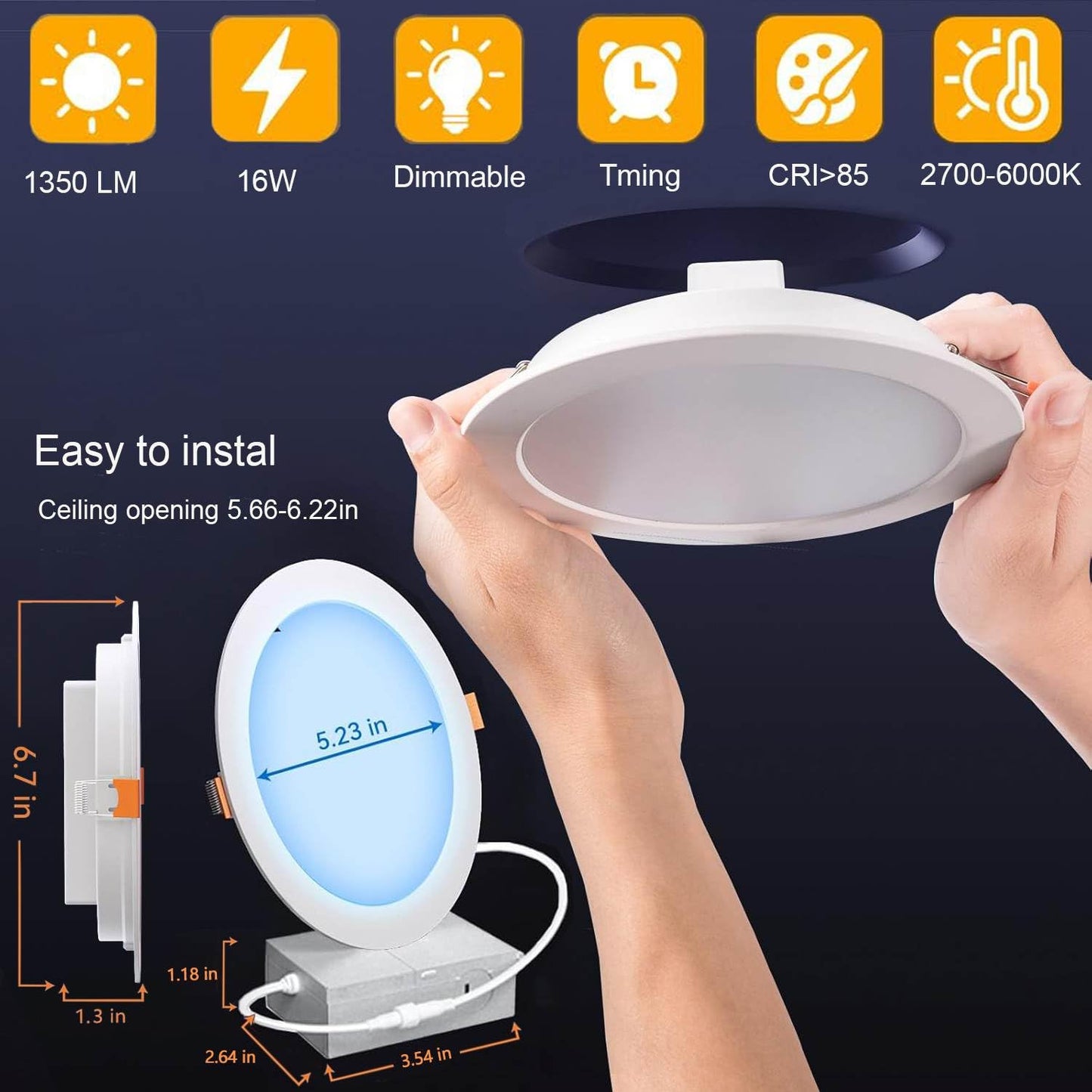 RICHSING Recessed Lighting 6 inch, 4Pack RGBCW Recessed Ceiling Lights with Junction Box, 16W 1350lm LED Recessed Lights 2700 to 6000K Canless LED Downlight Dimmable by Alexa and APP