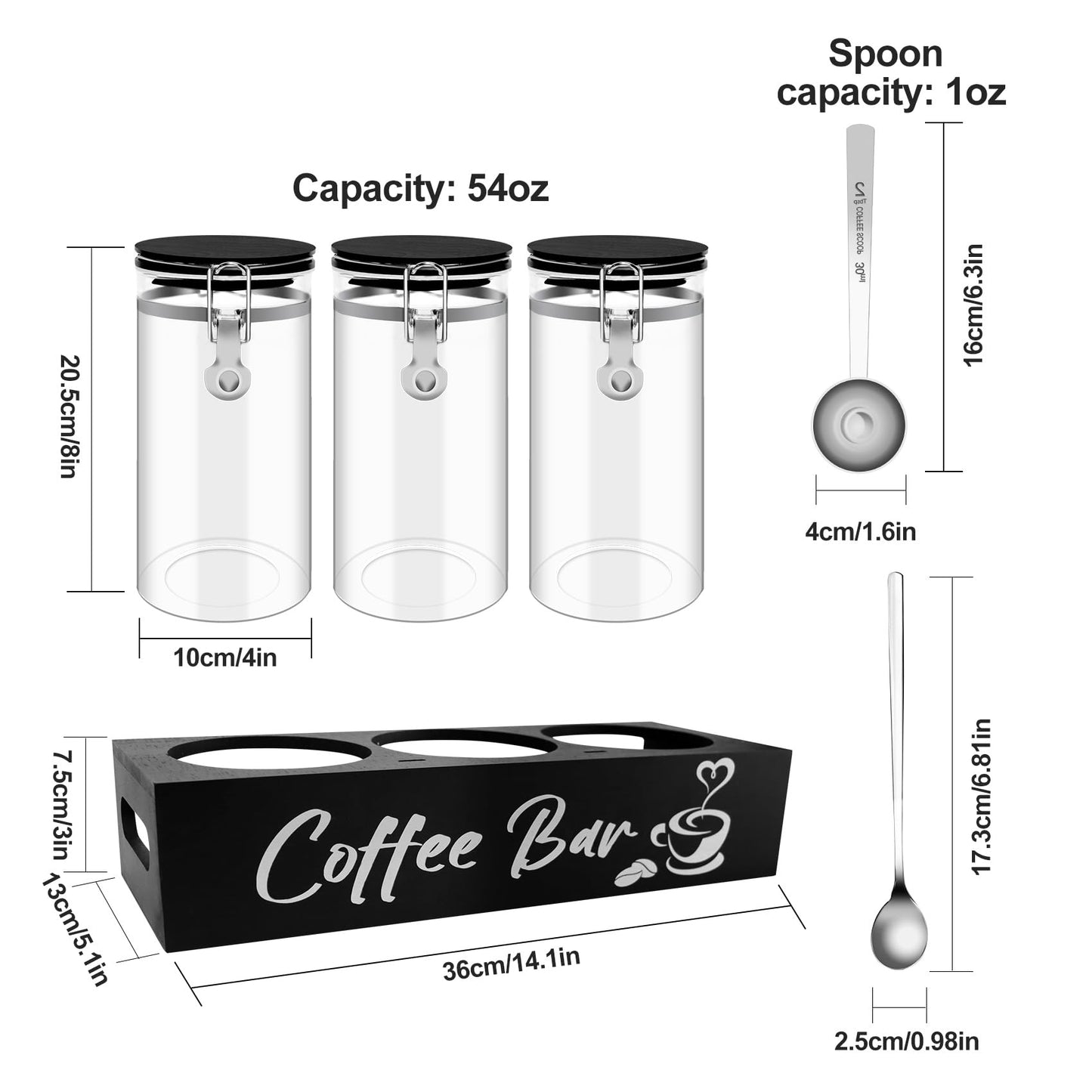 MACIFECI Glass Coffee Containers with Shelf Coffee Station Organizer 54oz Black Glass Coffees Bean Storage Canister with Spoon Coffee Canister Set Kitchen Food Storage Jars for Coffee/Sugar/Candy