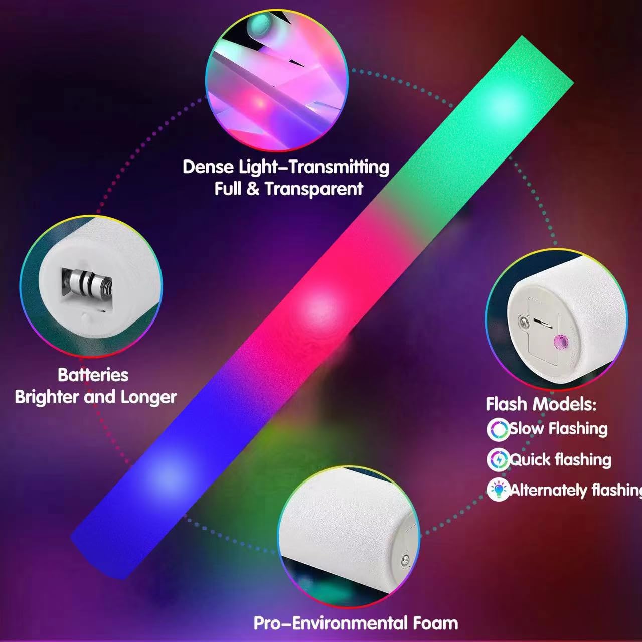 SHQDD 105 PCS LED Foam Glow Sticks, Glow Sticks Bulk Party Pack with 3 Modes Colorful Flashing, Glow in The Dark Party Supplies, Light Up Foam Sticks for Wedding, Glow Party, Birthday, Raves, Concert