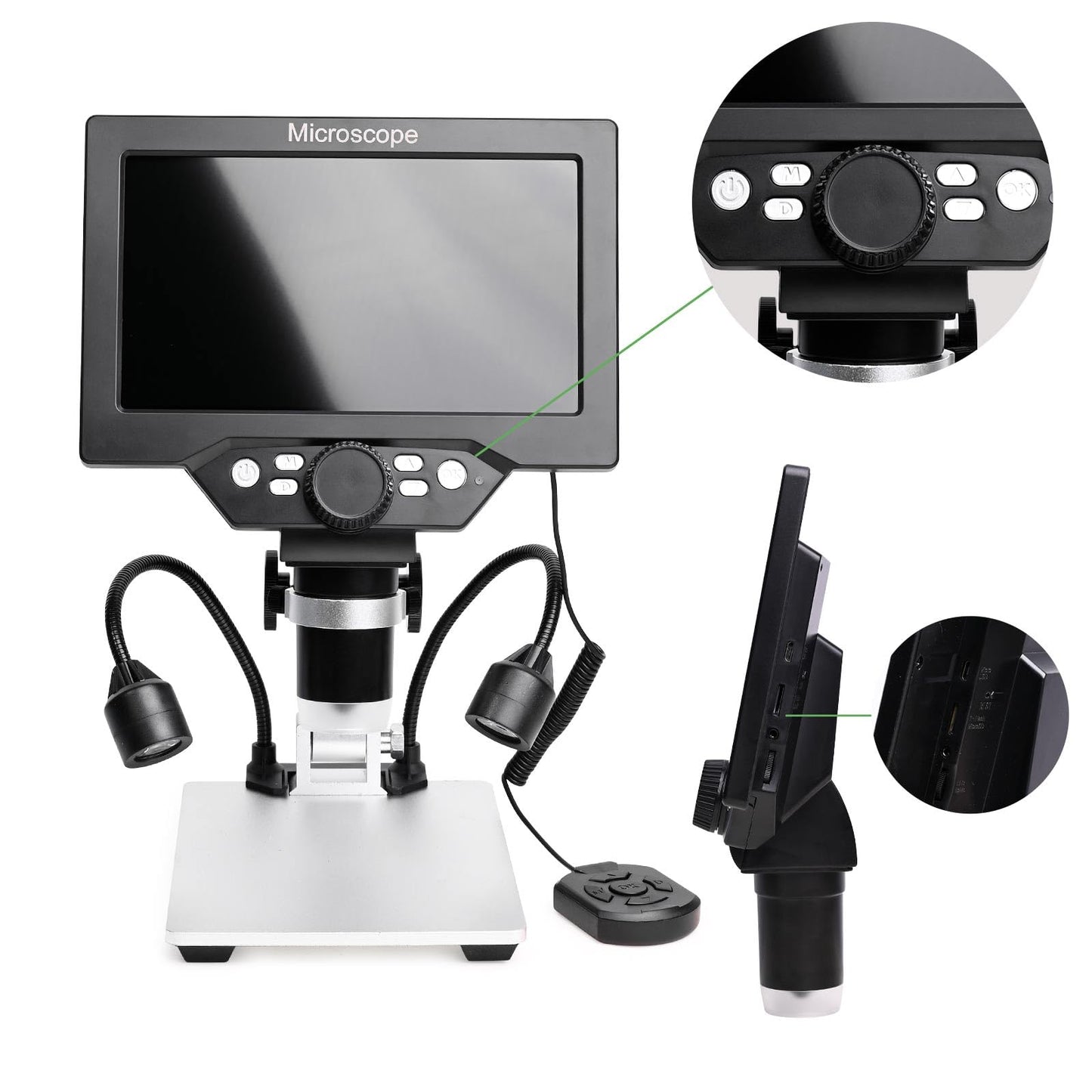 7" LCD Digital Microscope, 1200X 1080P HD Coin USB Microscope with 10 Lights, Wired Remote, PC View, 16GB TF Card, Metal Stand for Soldering PCB Circuit Board Repair