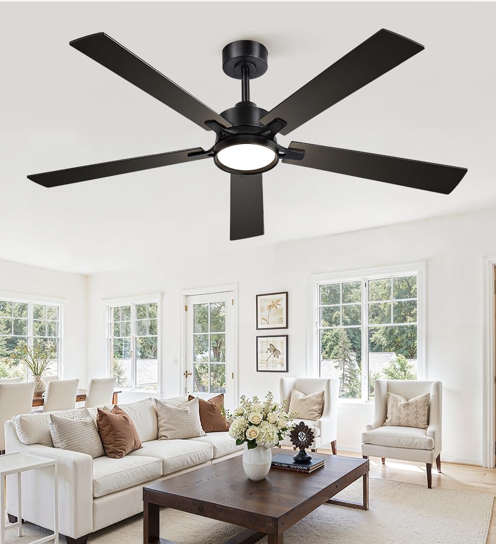 Glowivia 52 Inch Ceiling Fan with Lights and Remote, Smart APP Control, Dimmable with All-Setting Memory, Quiet DC Motor Reversible Blades, Damp Rated Modern Ceiling Fan for Bedroom Patio Living Room