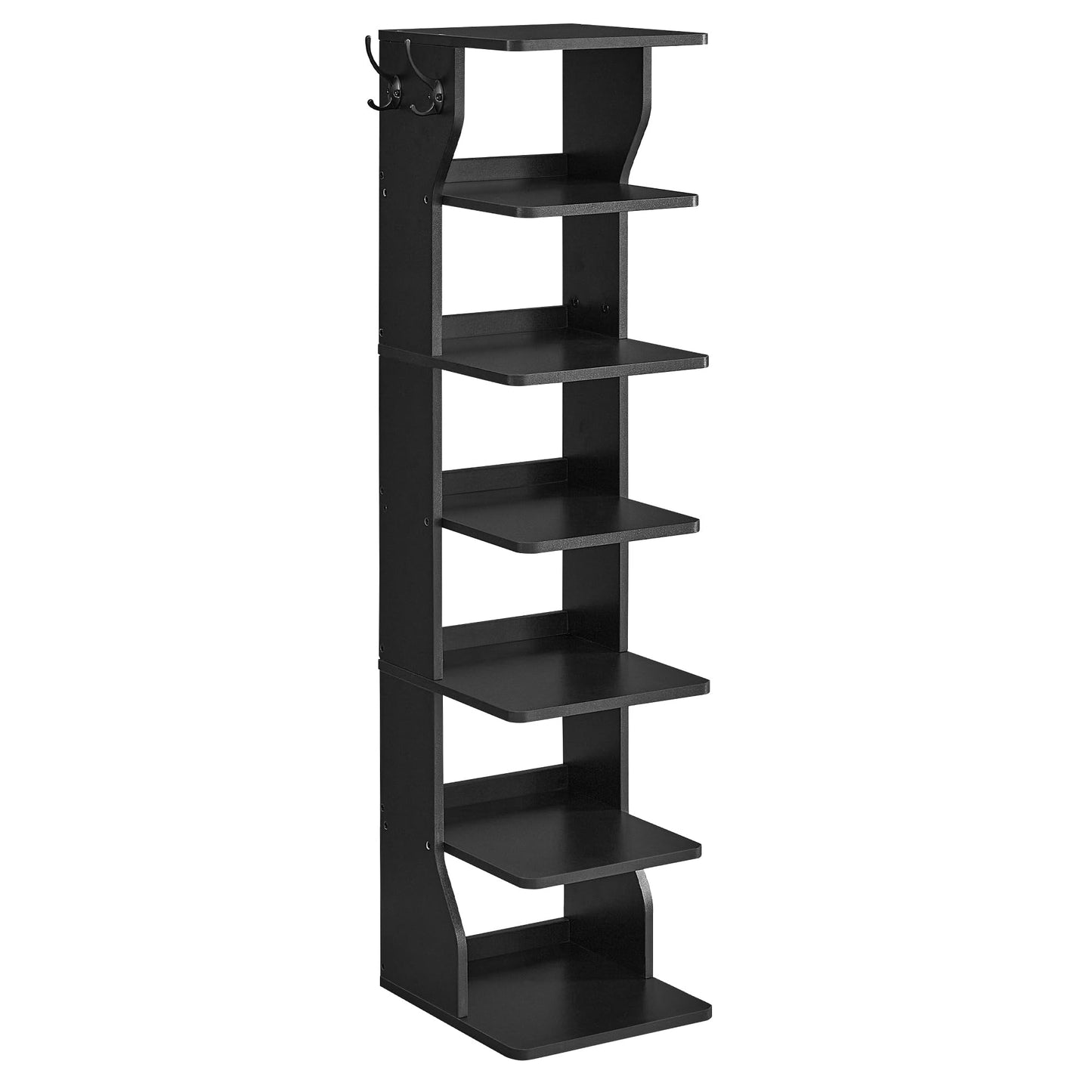 VASAGLE 7-Tier Vertical Shoe Rack, Narrow Shoe Storage Organizer with Hooks, Slim Corner Tower Shelf, Space-Saving for Entryway and Bedroom, Black ULBS200T16